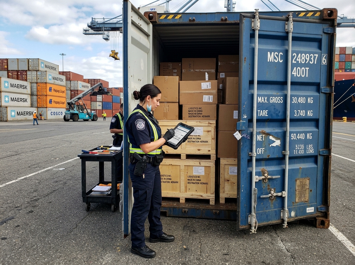 Déclarant en douane OBT inspectant les conteneurs au port de Pointe-Noire